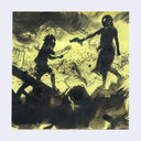 An abstract black ink-style artwork on a yellow background, showing two human silhouettes in motion with gestural lines and splatter details.
