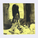 An artistic sketch depicting a person with long dark hair seen from behind, walking in a stylized outdoor scene with a dog, rendered in black ink on a pale yellow background.
