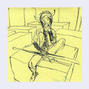 A minimalist black ink line drawing on yellow paper showing a seated figure with a horned headpiece, set against a pale lavender background.