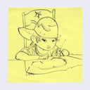 A yellow square paper featuring a black line drawing of a child sitting at a table, holding a paintbrush, with a star drawn on the chair.