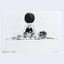 A black and white ink sketch on a white paper background, depicting a seated lion figure with a large dark oval shape above the head, with a small dark shape to the right. 
