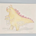 Cartoon KAIJU holding a handbag with flowers on a light background