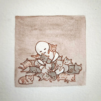 Illustration of a simple white character sitting on the ground, smiling. All around it are several cats of all colors, creating a pile.