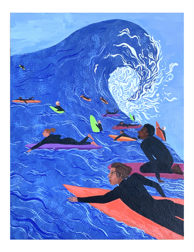 Painting of a large blue wave, curling over onto itself. Many surfers in black wetsuits ride various colored boards and swim towards the wave.