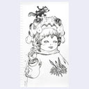 Black line art illustration of a chubby child with a melting bug shaped hat and a bear creature atop its head.