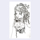 Black line art illustration of a one-eyed cat character and a girl positioned over it, looking off to the side.