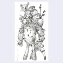 Detailed black and white illustration of a mechanical figure on a lined notebook page.