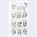 Nine black and white illustrations of characters wearing hats arranged in a 3x4 grid on a white background.