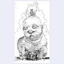 Black line art illustration of a large, 3 eyed monster with a hippo-like body and a baby's head. It is attached to a tiny house below it and atop its head are characters.