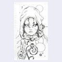 Black line art illustration of a girl wearing a hood and looking serious, with her hand positioned out in front of her with a spiral in front of it.