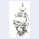 Black line art illustration of a person with a car atop their head. The car has a tiny robot head coming out the top of it.