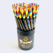 Black cup filled with rainbow colored pencils, each pencil containing 7 colors and an HB lead in one tip.