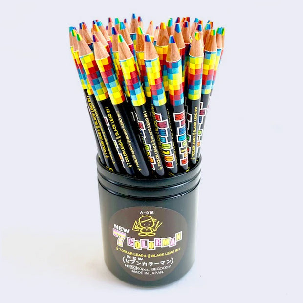 Black cup filled with rainbow colored pencils, each pencil containing 7 colors and an HB lead in one tip.