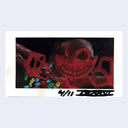Artistic depiction of a skeleton holding a colorful object with a dark background