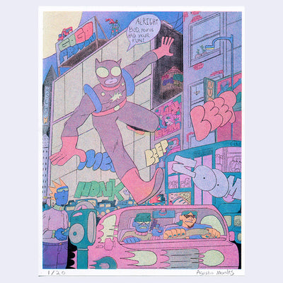 Risograph print of a colorful city scene, with 2 criminals driving quickly in a car and a superhero with a cat mask jumping atop their car. He says "Alright bud, you've had your fun!"