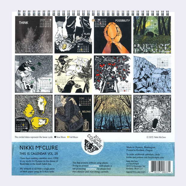 Calendar with artistic designs and text on a white background