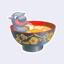 Sticker of an illustrated miso soup bowl with a baby hippo sitting inside of it, holding a cube of miso.
