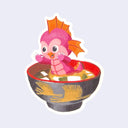 Sticker of an illustrated bowl of miso soup with a pink kaiju monster with orange fins sitting inside, cutely.