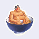 Illustration of a muscular character in a bowl of ramen on a light purple background