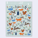 Sticker sheet with colorful illustrations of animals and people on a light blue background