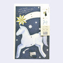 Card with a white horse and star design on a blue background, featuring text and a small illustration of a person.
