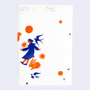 Illustrated birthday card with blue figures, orange circles, and stars on a white background