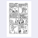 A black and white comic strip with multiple panels showing a group of people in a discussion.