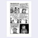 A black and white six-panel comic strip on a white background, with a small black square containing a person holding a phone in the bottom-right panel.