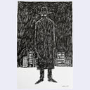 Black ink illustration of a man in a trench coat, mostly black silhouetted, against a night city scape.