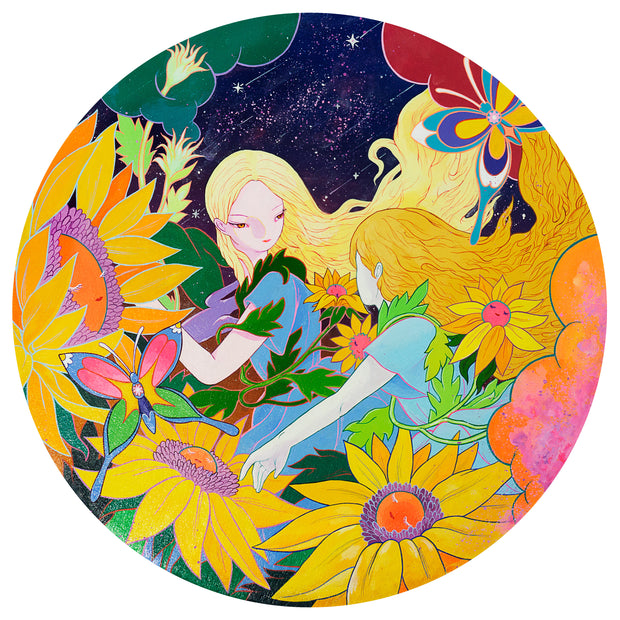 Very colorful painting on circular panel of 2 blonde girls in blue dresses, looking at one another. They are framed by very large yellow flowers with purple and orange centers. A starry purple night sky is in the background with shooting stars.