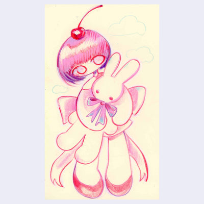 Pink colored pencil drawing of a girl with a cherry on top her head, holding a bunny wearing a bow.
