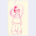 Pink pencil drawing of a girl with a cherry on top her head. 