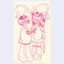 Pink colored pencil drawing of 2 girls with cherries atop her head, holding crepes or cups in their hands.