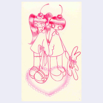 Pink colored pencil drawing of 2 girls with cherries atop her head and frilly heart on the ground.