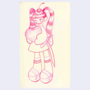 Pink colored pencil drawing of a girl with a cherry on her head, standing a holding a heart.