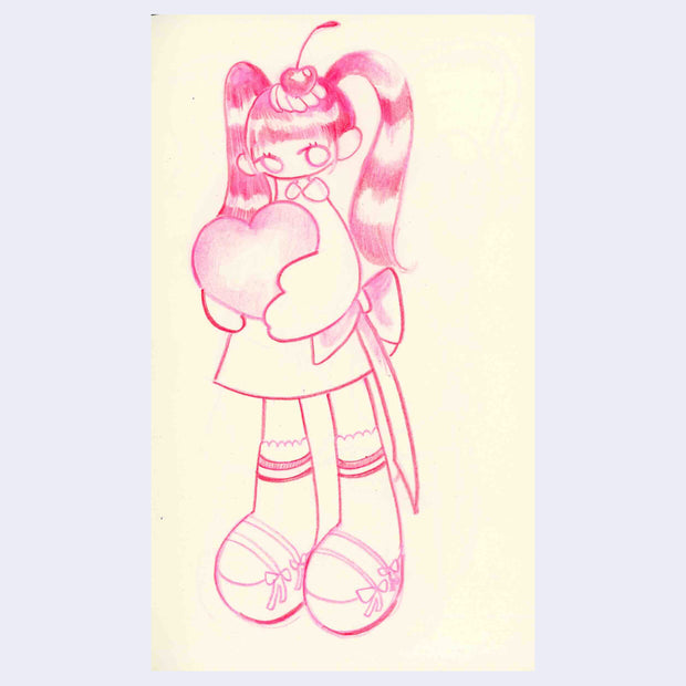 Pink colored pencil drawing of a girl with a cherry on her head, standing a holding a heart.