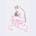 Illustration of a cat holding yarn with the word "Nope' made out of the yarn.
