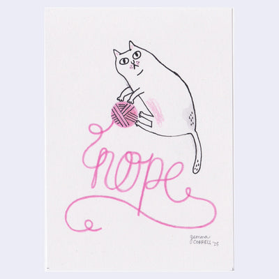 Illustration of a cat holding yarn with the word "Nope' made out of the yarn.