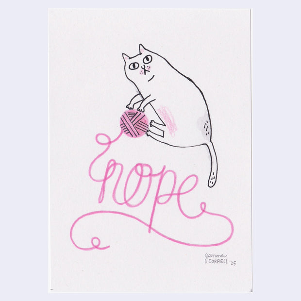 Illustration of a cat holding yarn with the word "Nope' made out of the yarn.