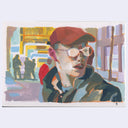 Painting based on a film still from Ocean Eleven of a man wearing a red baseball cap and glasses, looking over his shoulder.