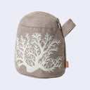 Beige pouch with white coral design on a light gray background