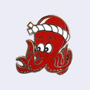 Enamel pin of a red cartoon octopus with a white twisted fabric headband.