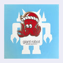 Enamel pin of a red cartoon octopus with a white twisted fabric headband. On blue backing board that reads "Giant Robot'
