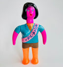 Colorful toy figure with a pink head, blue shirt, and orange pants on a white background