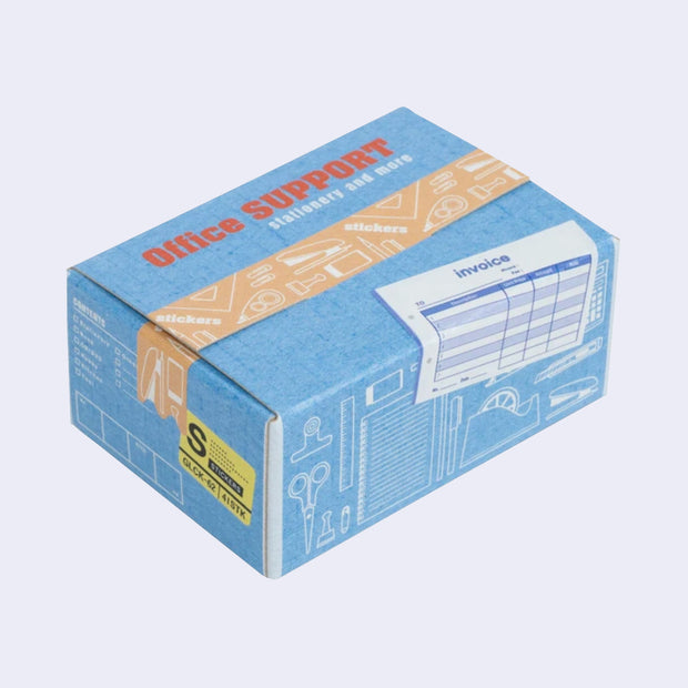 Box of stickers, made to look like a cardboard shipping box holding office supplies, with labeling and illustrations on the exterior that mimic the real thing.
