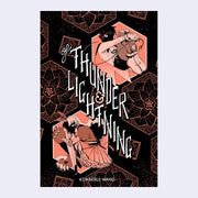 Book cover, black and peach with white text. Illustration of 2 people, with their faces obscured by shadow, sitting on the ground with robotic features. Flower hex pattern fills the rest of the scene.