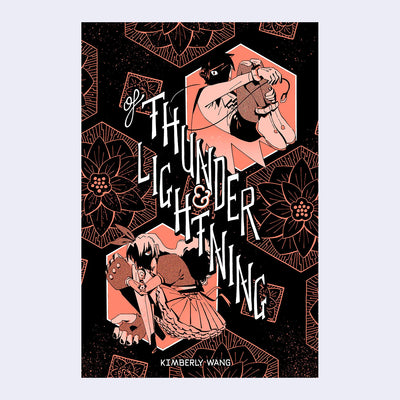 Book cover, black and peach with white text. Illustration of 2 people, with their faces obscured by shadow, sitting on the ground with robotic features. Flower hex pattern fills the rest of the scene.