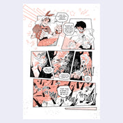 Page excerpt, comic panels of 2 characters smiling and fighting their surroundings.