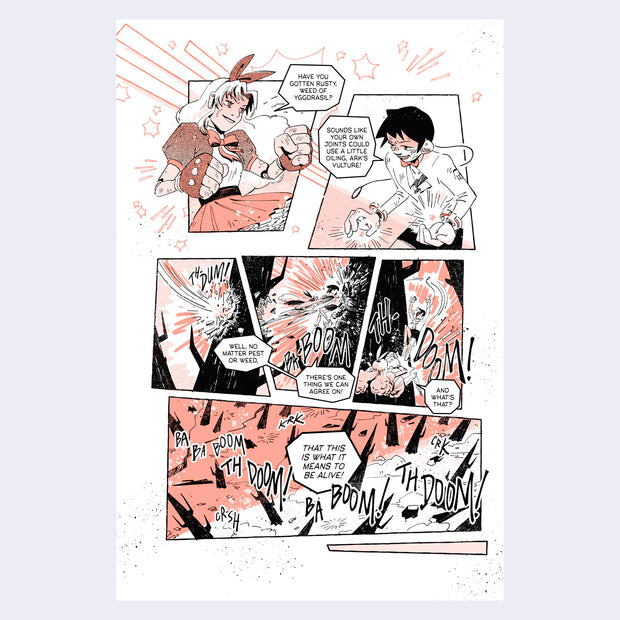 Page excerpt, comic panels of 2 characters smiling and fighting their surroundings.