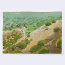 A watercolor landscape painting of a hillside and valley, featuring green foliage, tan rock, and distant structures, presented on a white paper background against a light gray studio backdrop.